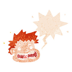 cartoon frightened face and speech bubble in retro textured style