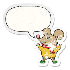 cartoon mouse wearing scarf and speech bubble distressed sticker