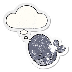 cartoon whale and thought bubble as a distressed worn sticker