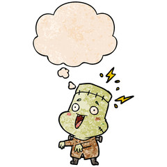cartoon undead monster man and thought bubble in grunge texture pattern style