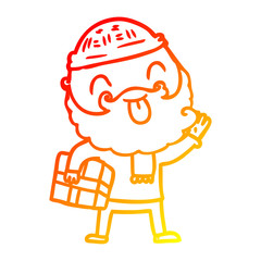 warm gradient line drawing man with beard carrying christmas present