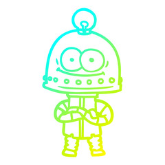 cold gradient line drawing happy carton robot with light bulb