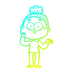 cold gradient line drawing cartoon happy old woman