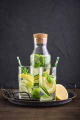Infused water with cucumber, lemon, lime and basil