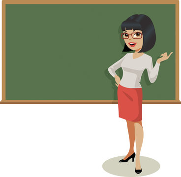 Young female teacher gestures in front of a traditional blackboard. Stock  Vector | Adobe Stock