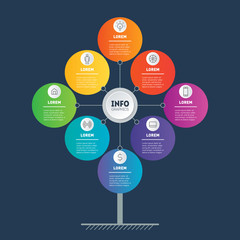 Business presentation concept with 8 options. Brochure design template. Web Template of tree, infographic or diagram. Info graphic of technology or education process with 8 steps. Vector.