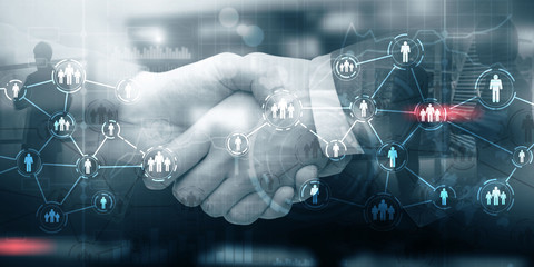 Handshake. Icon of people with network connections. Social media concept.