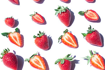 Strawberry seamless pattern on the noon light. Top view fresh berries on the white background