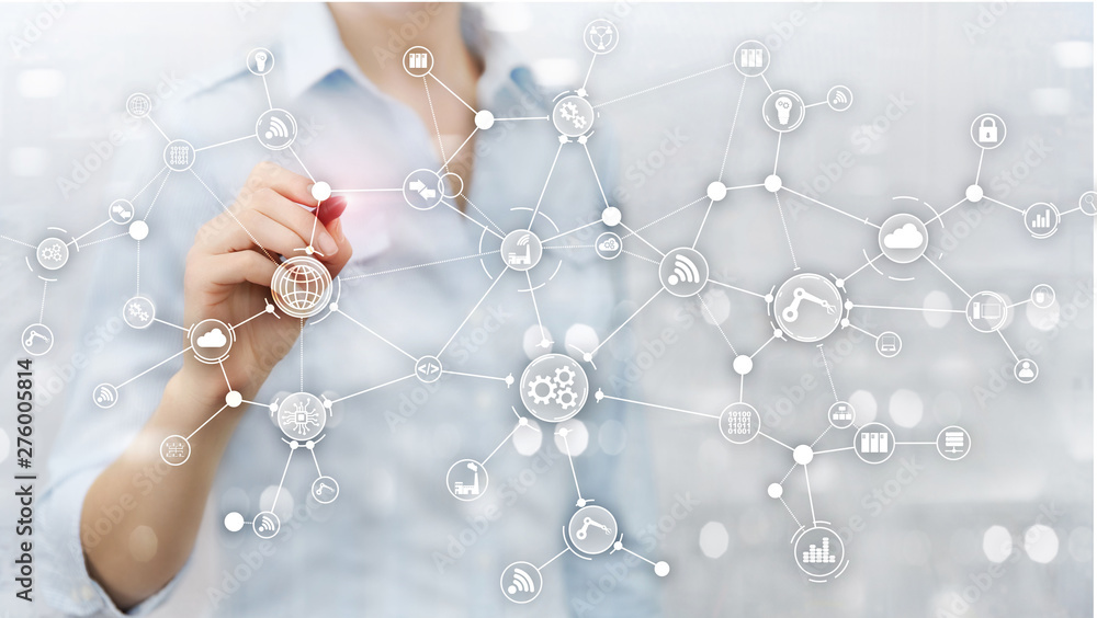 Poster technology industrial business process workflow organisation structure on virtual screen. iot smart 