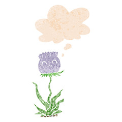 cartoon thistle and thought bubble in retro textured style