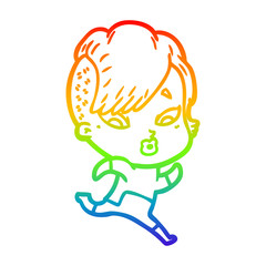 rainbow gradient line drawing cartoon surprised girl in science fiction clothes