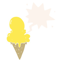 cartoon ice cream and speech bubble in retro style