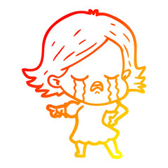 warm gradient line drawing cartoon girl crying and pointing