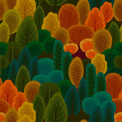 Abstracte naadloze patroon met herfst bos. Bomen, struiken, gras, gebladerte.