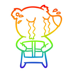 rainbow gradient line drawing cartoon crying bear with present