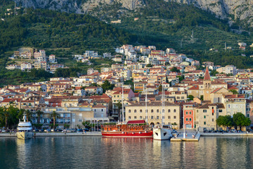 View of Makarska city center from the sea. Adriatic Sea coast, Dalmatia, Croatia