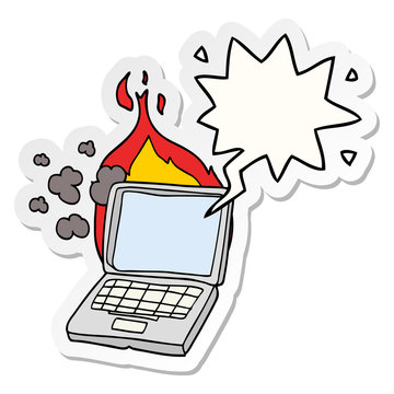 cartoon broken laptop computer and speech bubble sticker
