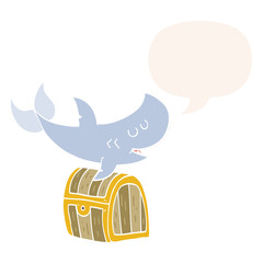 cartoon shark swimming over treasure chest and speech bubble in retro style