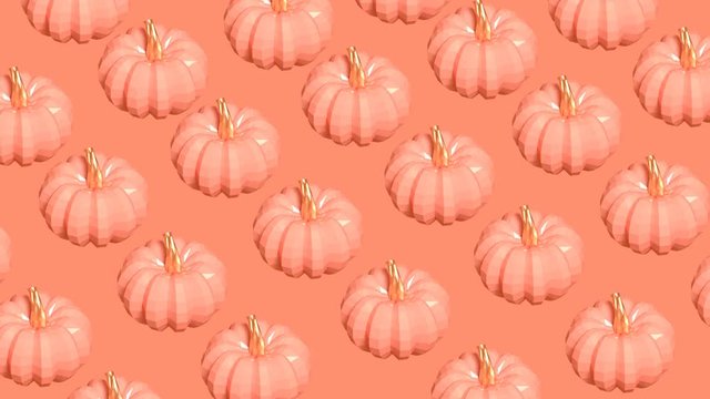 Moving pumpkins in low poly style on coral background looped 3D animation. Autumn harvest concept