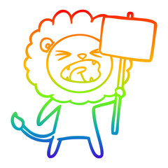 rainbow gradient line drawing cartoon lion with protest sign