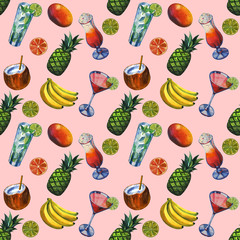 Watercolour pattern with tropical palm leaves, bananas, pineapples, drinks party and flowers. Seamless pattern, summer background