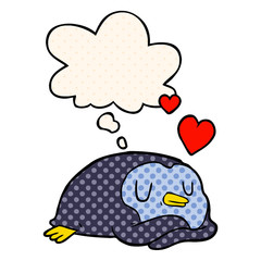 cartoon penguin in love and thought bubble in comic book style