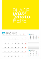 July 2020. Wall calendar planner template. Vector stationery design print template with place for photo. Week starts on Monday. 3 months on page