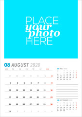 August 2020. Wall calendar planner template. Vector stationery design print template with place for photo. Week starts on Monday. 3 months on page