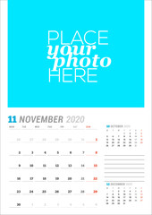 November 2020. Wall calendar planner template. Vector stationery design print template with place for photo. Week starts on Monday. 3 months on page