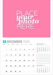 December 2020. Wall calendar planner template. Vector stationery design print template with place for photo. Week starts on Monday. 3 months on page