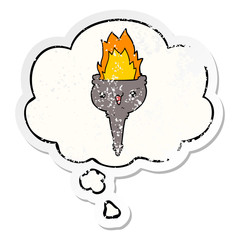 cartoon flaming chalice and thought bubble as a distressed worn sticker