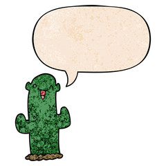 cartoon cactus and speech bubble in retro texture style