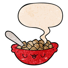 cute cartoon bowl of cereal and speech bubble in retro texture style
