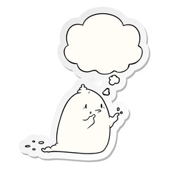 cartoon spooky ghost and thought bubble as a printed sticker