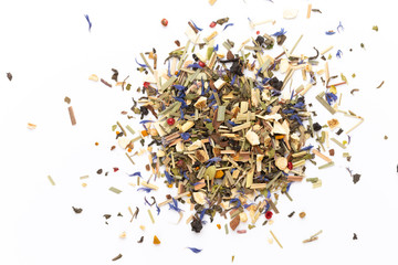 Herbal tea on a white background. Top view.