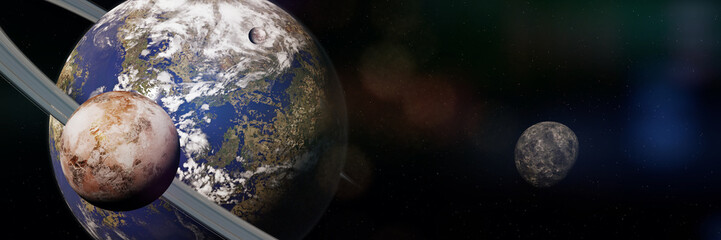Earth like alien world with ring system and moons (3d space illustration banner) © dottedyeti