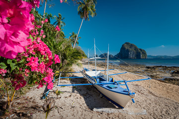 Native banca boat and vibrant flowers at Las cabanas beach with amazing Pinagbuyutan island in...
