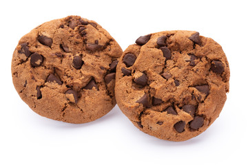 Chocolate chip cookies isolated on white background. Sweet biscuits. Homemade pastry.