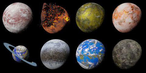 set of alien planet isolated on black background, nearby exoplanets (3d science illustration) - obrazy, fototapety, plakaty