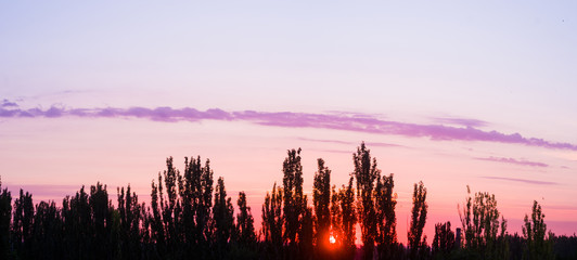 Landscape with dramatic light - beautiful golden sunset with saturated sky and clouds.