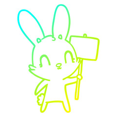 cold gradient line drawing cute cartoon rabbit with sign