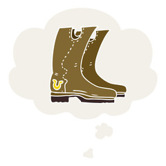cartoon cowboy boots and thought bubble in retro style