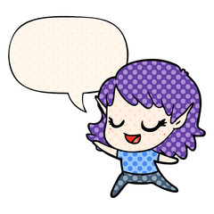 carton happy elf girl dancing and speech bubble in comic book style