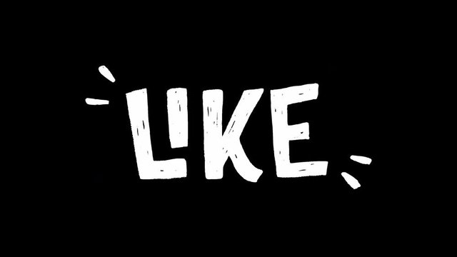 Animated white lettering word Like on transparent background. Moving hand drawn inscription with coming and going doodles. 4k animation of typographic approving text for heart button and clickable ico
