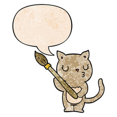 cute cartoon cat and speech bubble in retro texture style