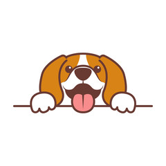 Funny beagle puppy paws up over wall, dog face cartoon, vector illustration - obrazy, fototapety, plakaty