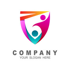 Shield logo with people hand in hand and look simple, human and celebration