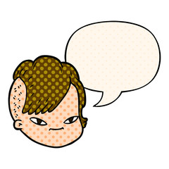 cartoon female face and speech bubble in comic book style