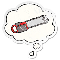 cartoon chainsaw and thought bubble as a distressed worn sticker