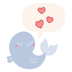 cute cartoon whale in love and speech bubble in retro style